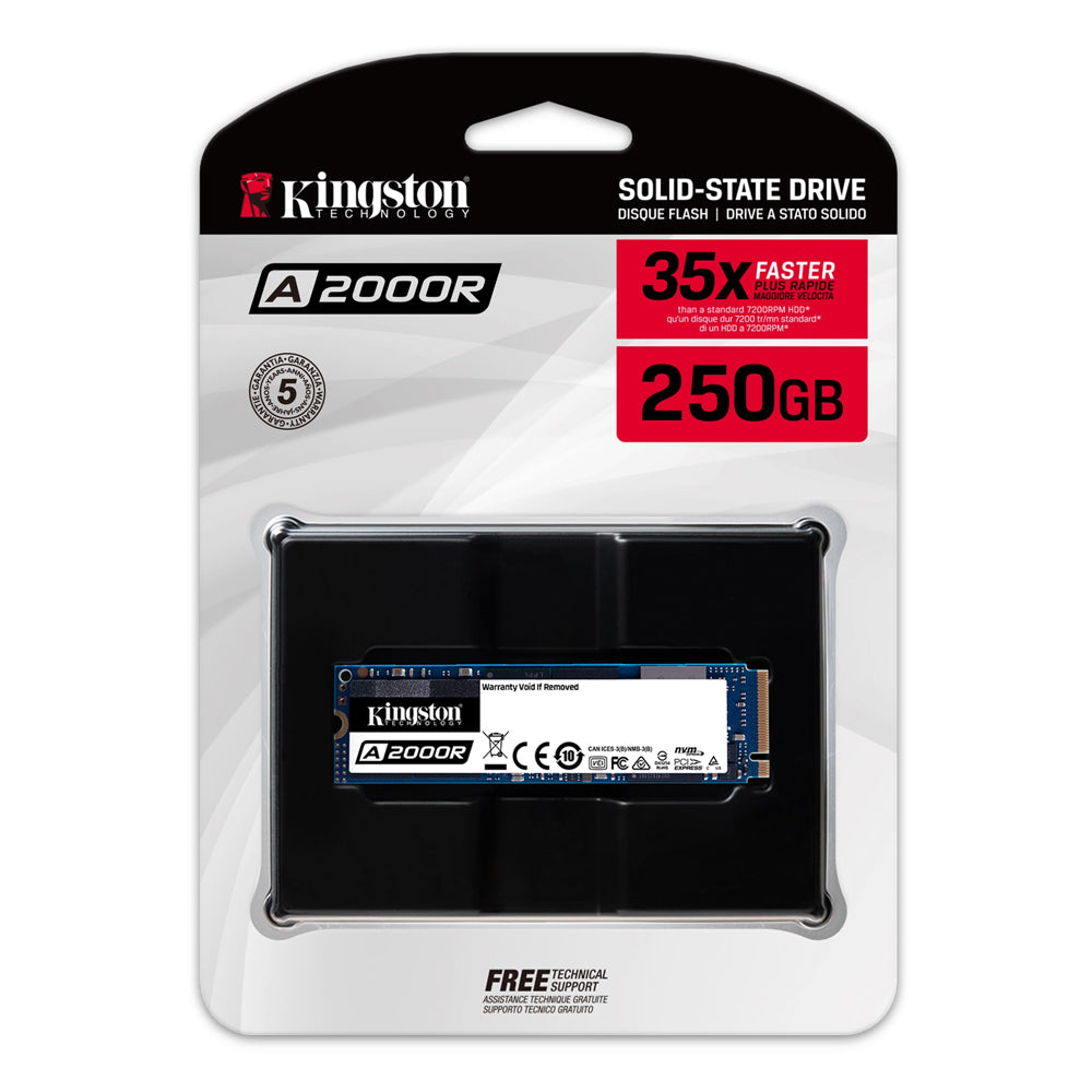 KINGSTON. Unidad SSD 250GB A2000, M.2 2280, NVMe™ PCIe, Lectura 2.000MB/s, Escritura 1.100MB/seg